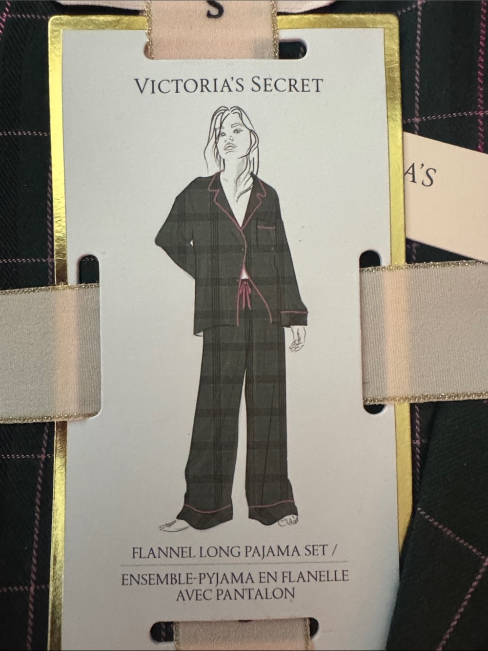 Victoria's Secret Dark Green Plaid Flannel Pajama Set with Pink Trim